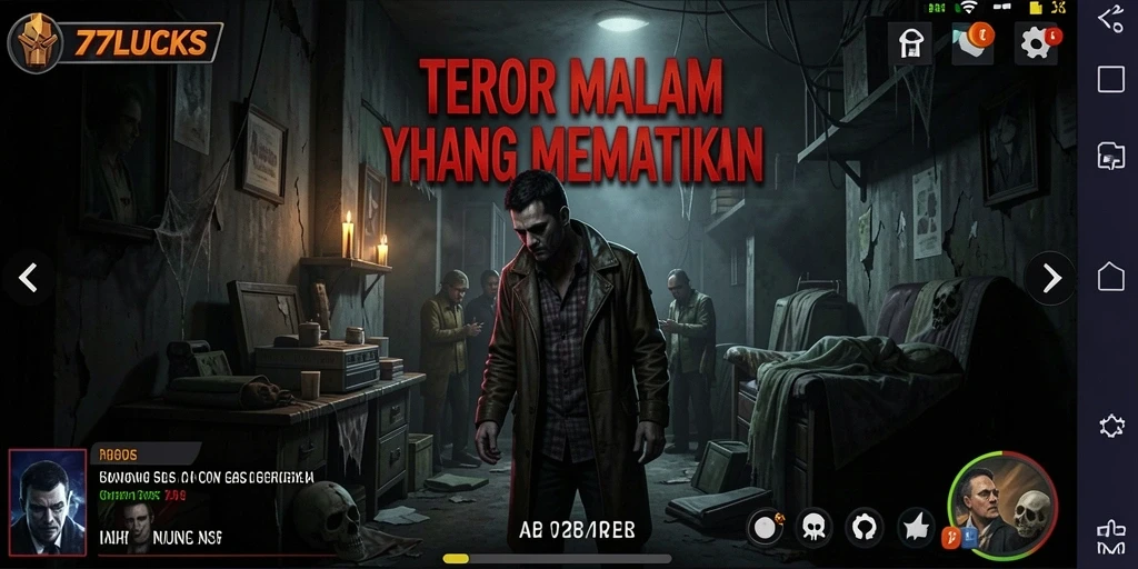 Screenshot gameplay 77LUCKS menampilkan momen ketegangan yang menghantui.