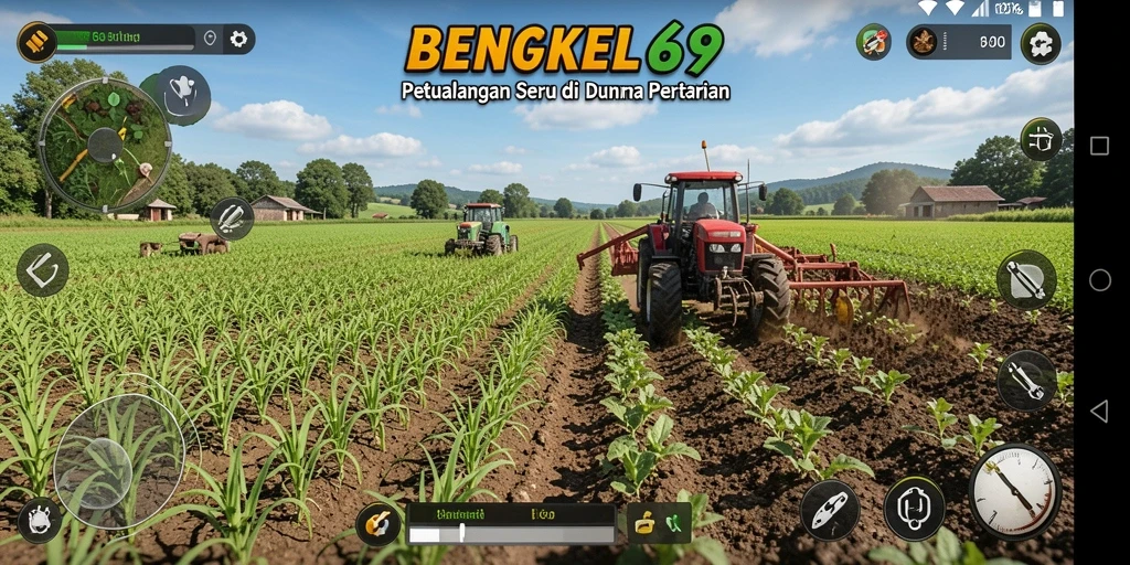 Tampilan gameplay BENGKEL69 yang menampilkan kegiatan pertanian.