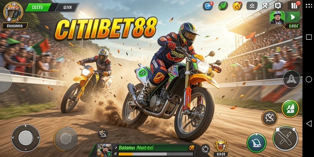 Screenshot gameplay CITIBET88 menampilkan aksi balapan motor yang seru.