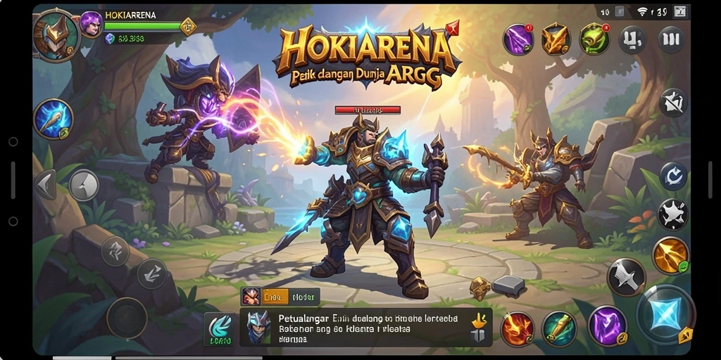 Screenshot HOKIARENA menampilkan aksi bertempur yang intens dan karakter yang kuat.