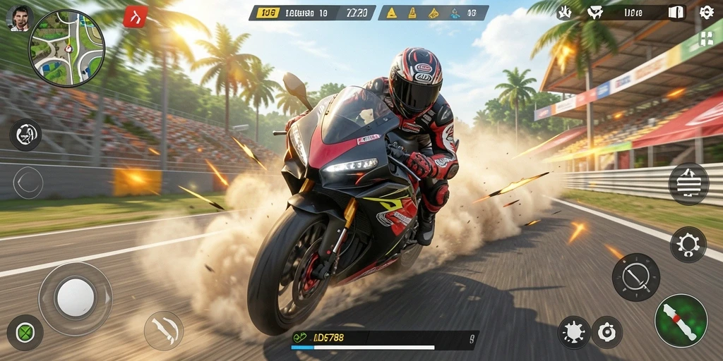 Gameplay menegangkan dalam ID6788 dengan motor balap di jalur sirkuit.