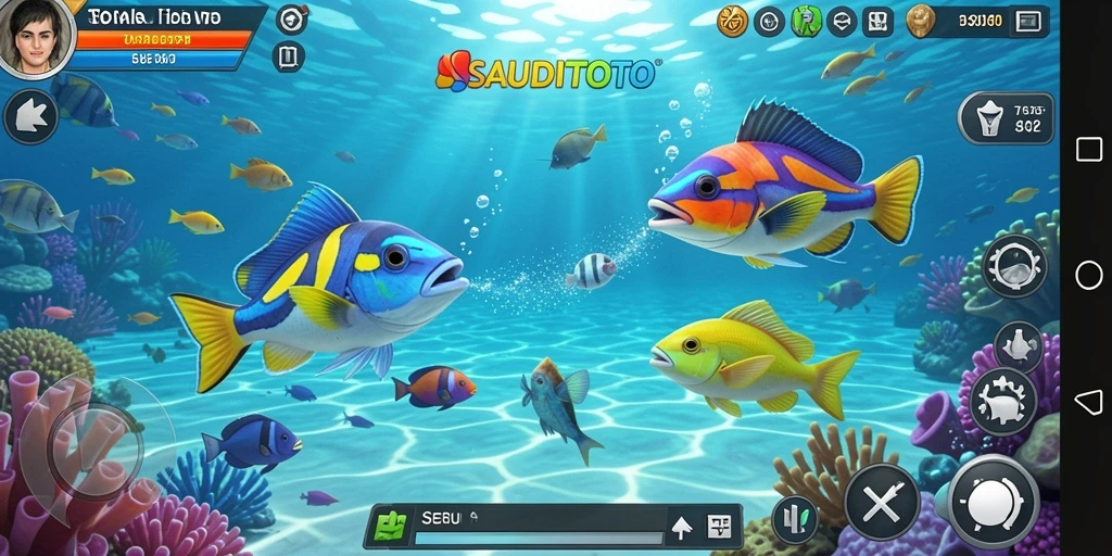 Tampilan gameplay SAUDITOTO saat menembak ikan dengan seru dan menyenangkan.