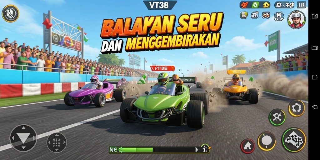 Tampilan gameplay VT38 yang mendebarkan dan penuh aksi balapan.